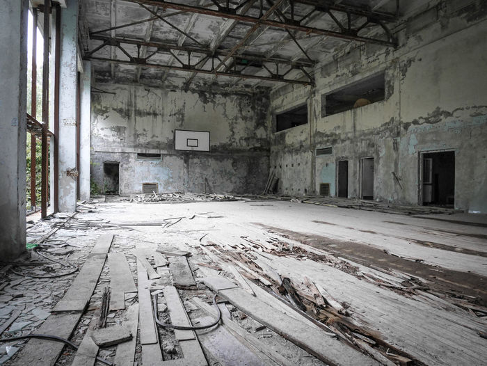 Ruined and deserted gym shot in the zone, area around chernobyl and pripyat, ukraine