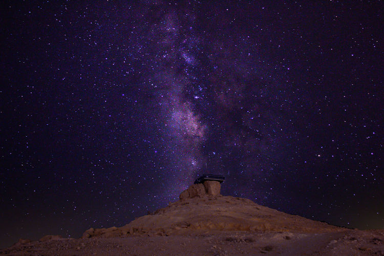 Milky way long exposure with an observatory and a desert foreground