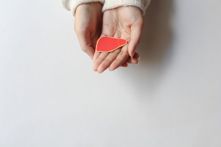 Cropped hand of person holding heart shape on white background