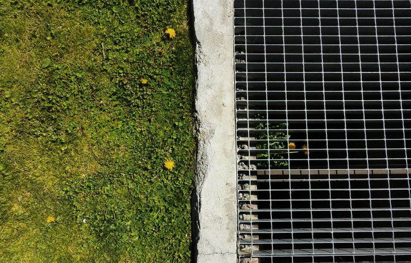 High angle view of metal grate on window
