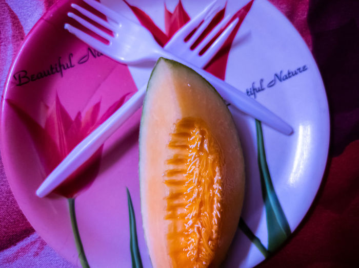 High angle view of fruits in plate
