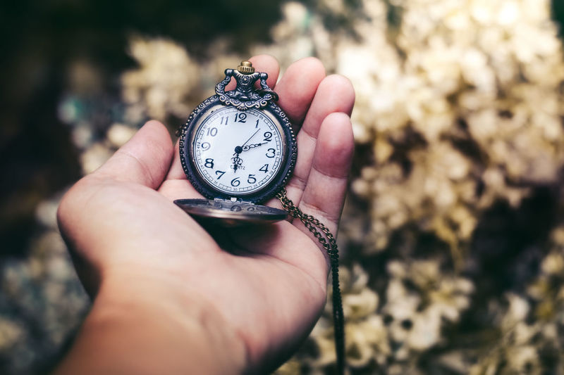 Cropped hand of person holding pocket watch
