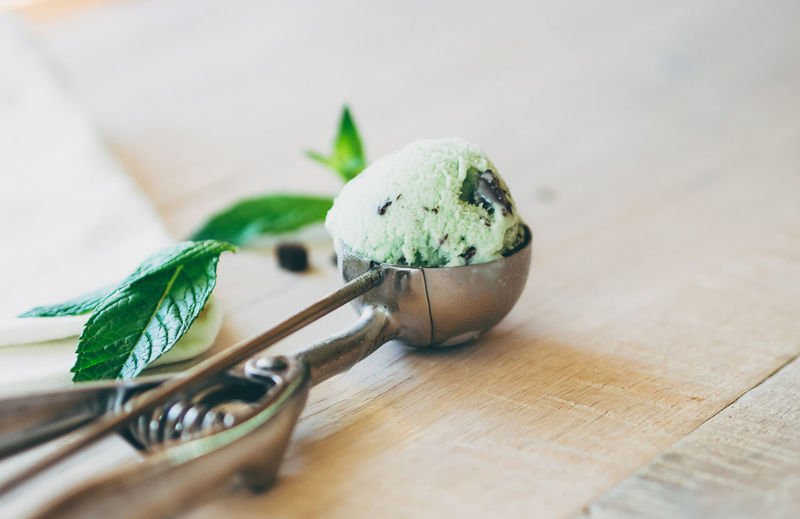 Close-up of peppermint ice cream on serving scoop
