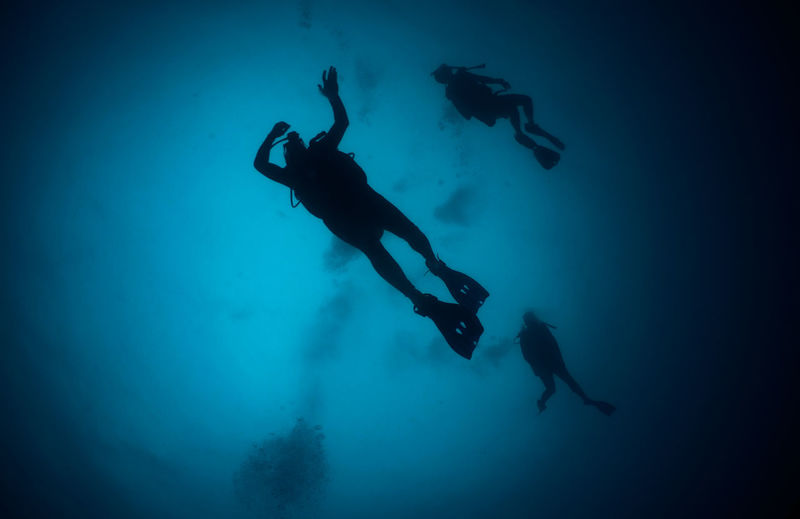 Silhouette of three unrecognizable divers in the depths of the sea