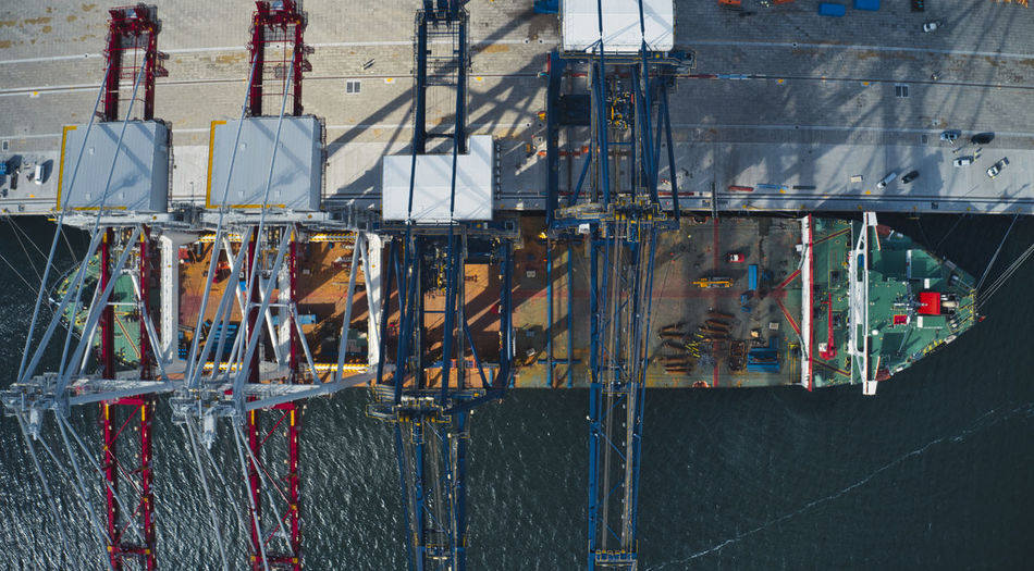High angle view of cranes at construction site