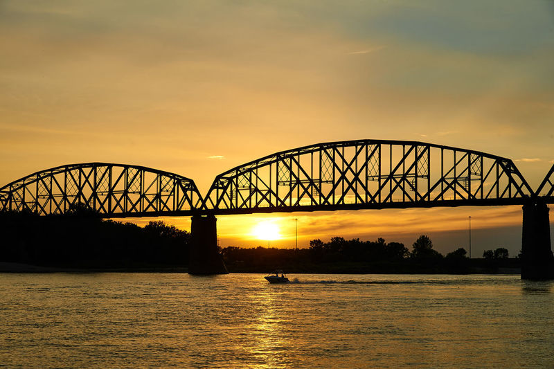 Silhouette of bridge over river during sunset