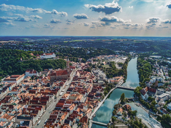 High angle view of landshut against sky
