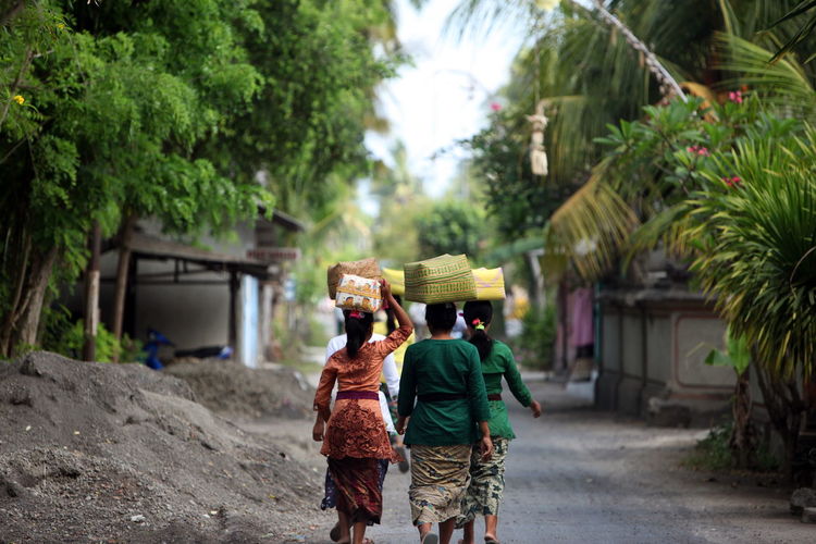 Women with baskets walking on road amidst trees
