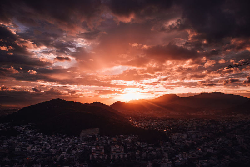 Scenic view of mountains against sky during sunset