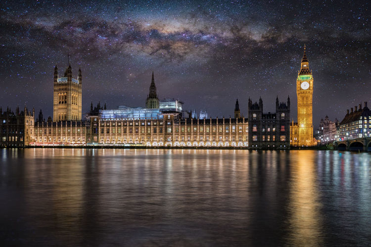 Illuminated big ben and houses of parliament in city at night