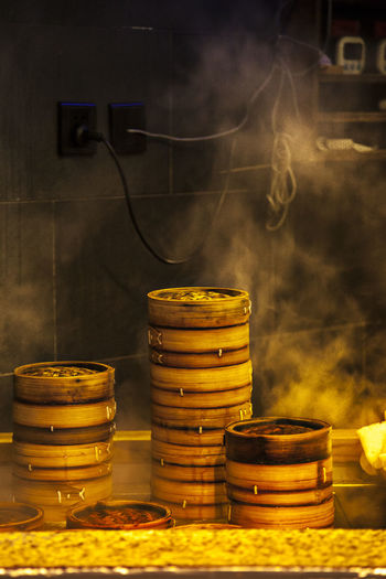 Stack of bamboo steamer in commercial kitchen
