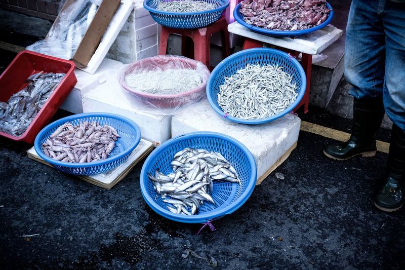 High angle view of seafood for sale at market
