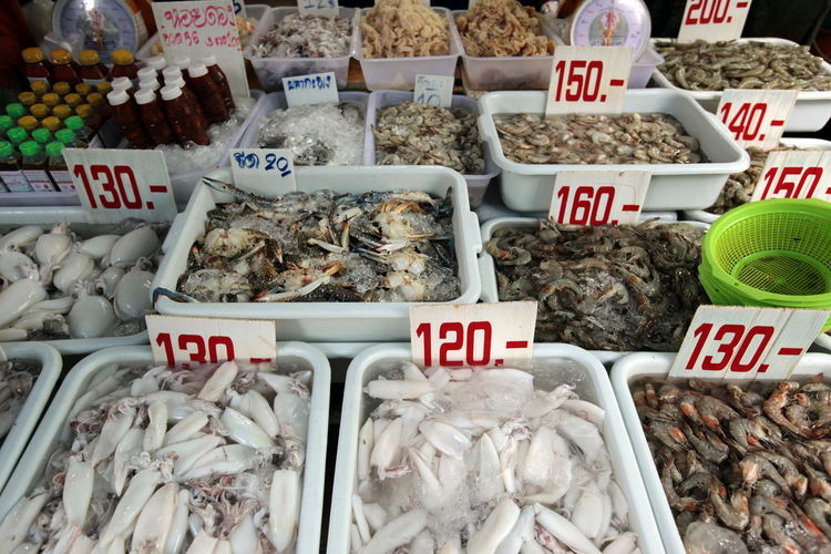 High angle view of seafood with price tag at market
