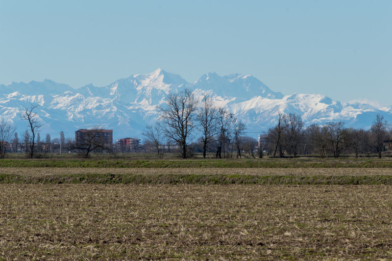 Scenic view of field and snowcapped mountains against sky