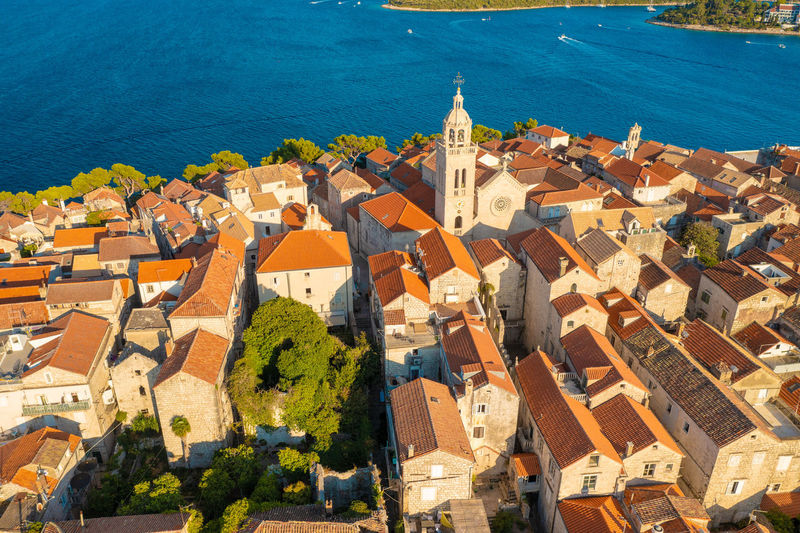 Aerial view of korcula town on korcula island, adriatic sea, croatia