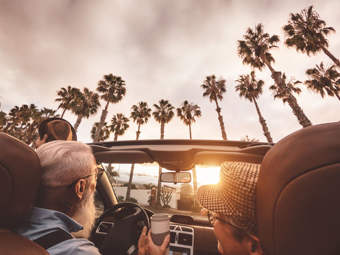 Rear view of couple sitting in car against palm trees against sky during sunset