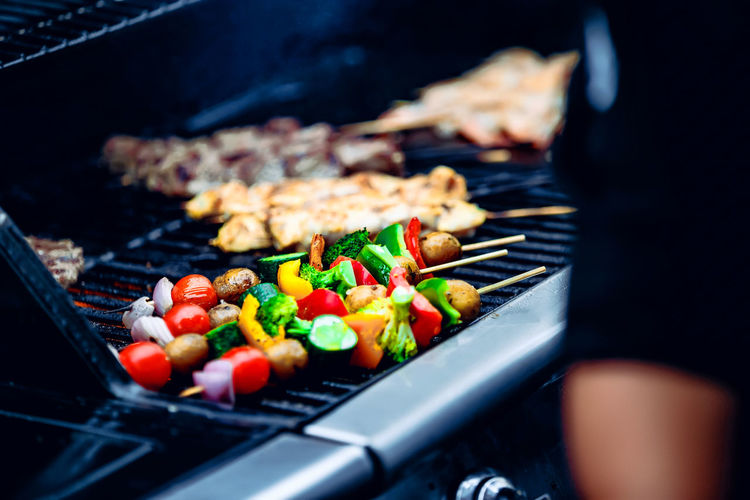 Close-up of vegetables on barbecue grill