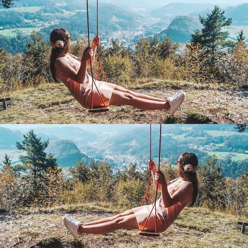 Collage of woman swinging against trees