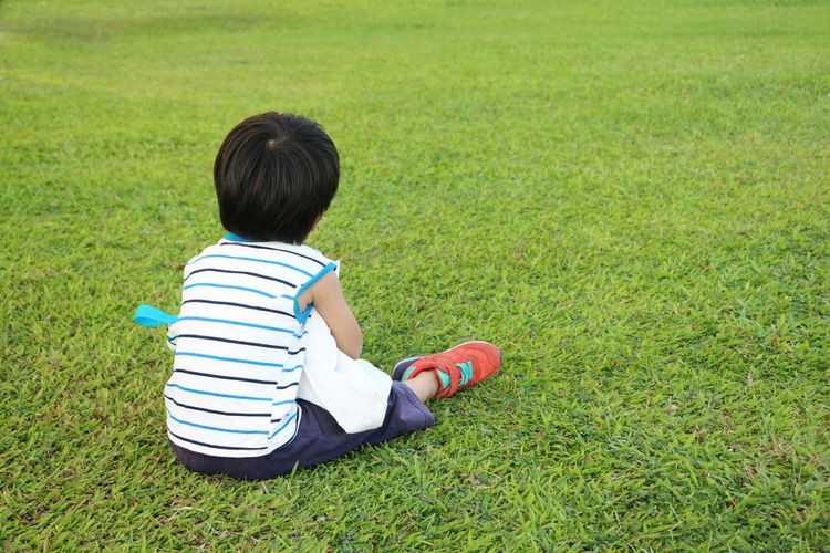 Rear view of boy sitting on grassy field
