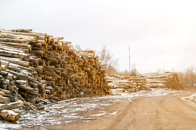 Stack of logs on field against clear sky