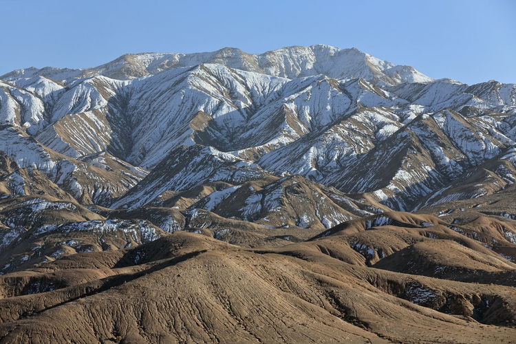 Aerial view of mountain range against clear sky