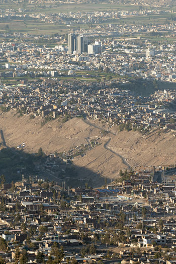 Social contrast in different areas of the city of arequipa, aerial view of the metropolis