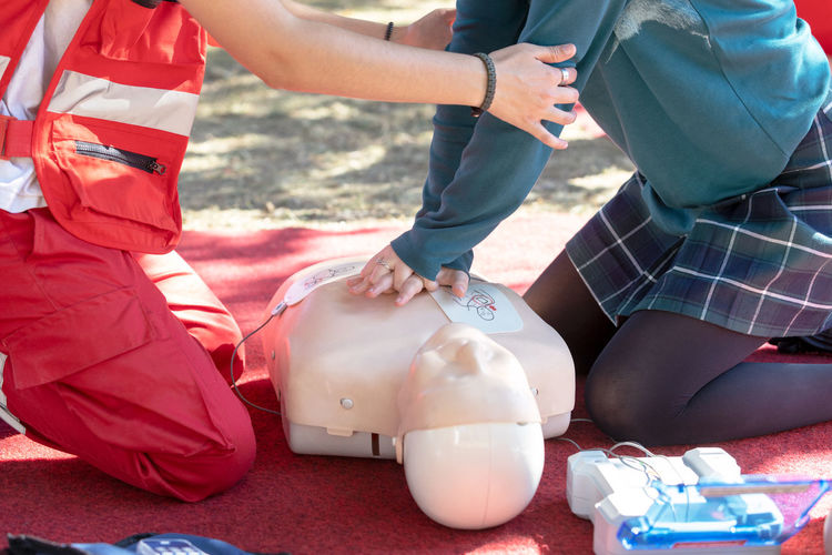 First aid and cpr training using automated external defibrillator device - aed