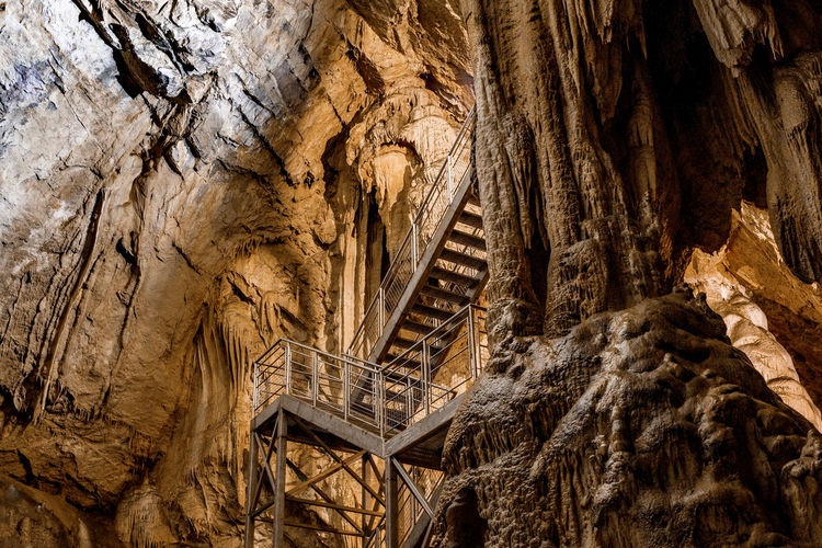 Formations in a karst cave. stalagmites and stalactites. stairs, staircase.
