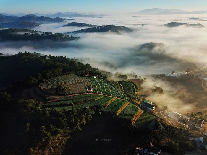 High angle view of mountains and cloudscape 