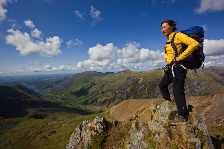 Woman with rucksack overlooking snowdonia national park