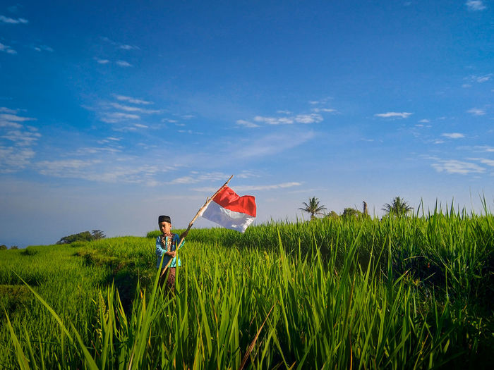 A child in the middle of a rice field and raising the indonesian flag
