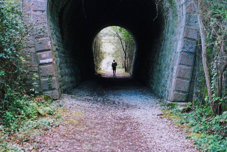 Rear view of person standing in tunnel