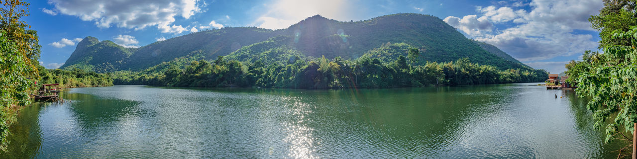 Panoramic view of river amidst mountains against sky