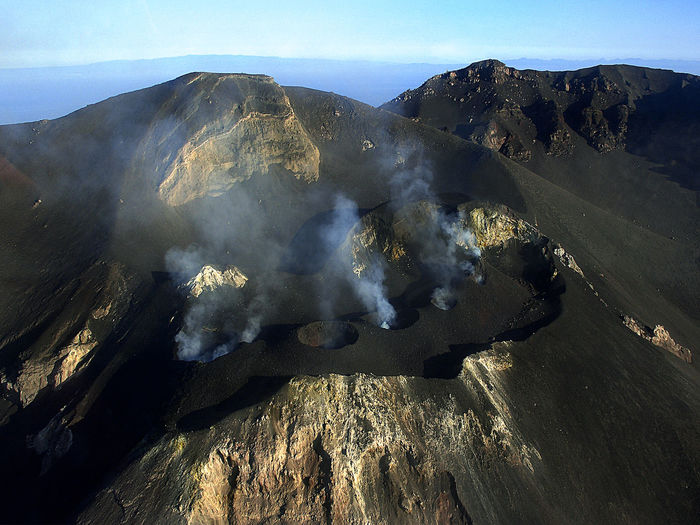 High angle view of stromboli volcano against sky