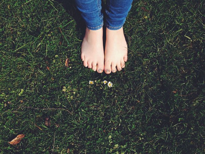 High angle view of woman feet on grassy field
