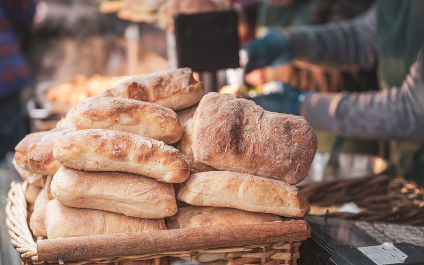 Close-up of ciabatta bread for sale at market stall