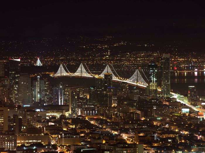 Aerial view of city at night