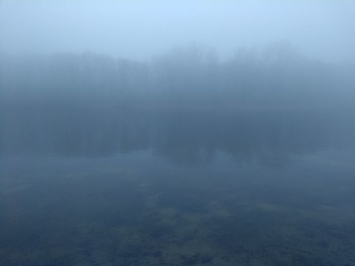 Scenic view of landscape against sky during foggy weather