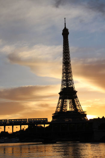 Silhouette eiffel tower against sky during sunset