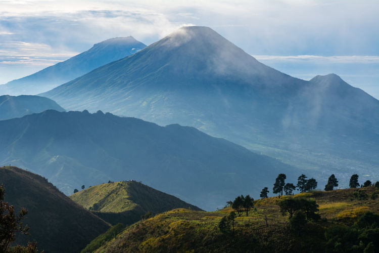 Scenic view of mountains against cloudy sky