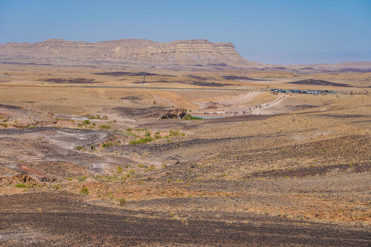 Scenic view of oasis in desert against clear sky