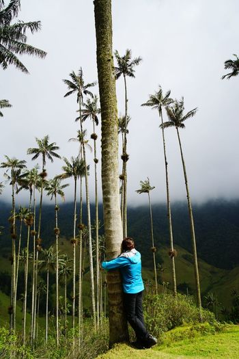 Woman standing by palm tree against sky