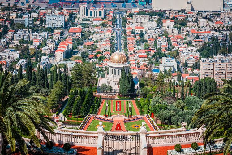 High angle view of bahai gardens and cityscape