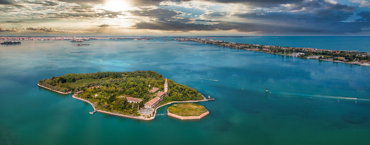 Aerial view of the plagued ghost island of poveglia in venice