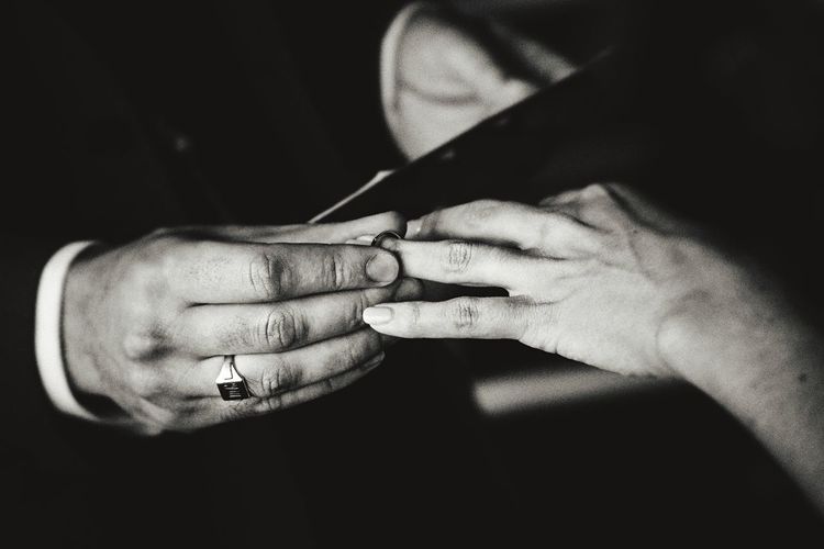 Cropped hands of wedding couple