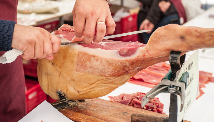 Cropped image of man cutting pork