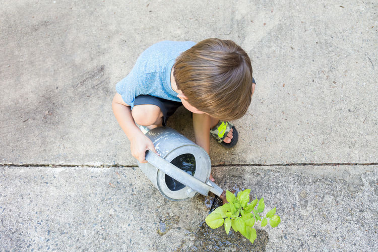 High angle view of boy watering plant