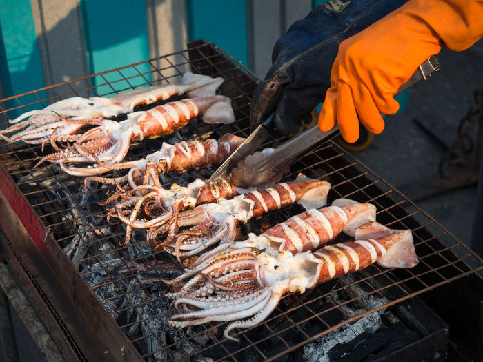 High angle view of squid on barbecue grill