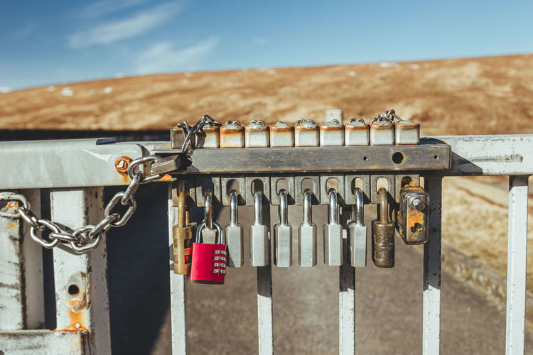 Close-up of padlocks outdoors