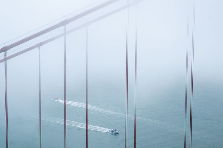 Golden gate bridge and two boats in fog